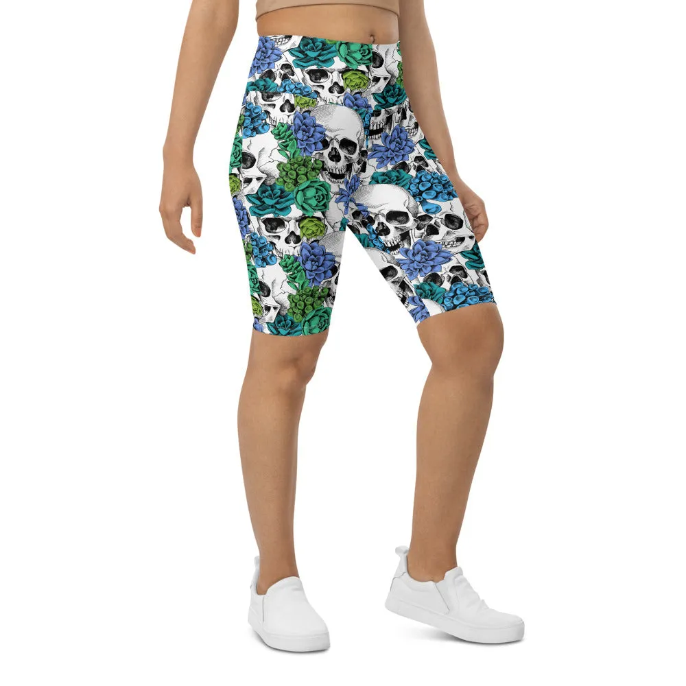 Blue Floral Skulls Bike Shorts