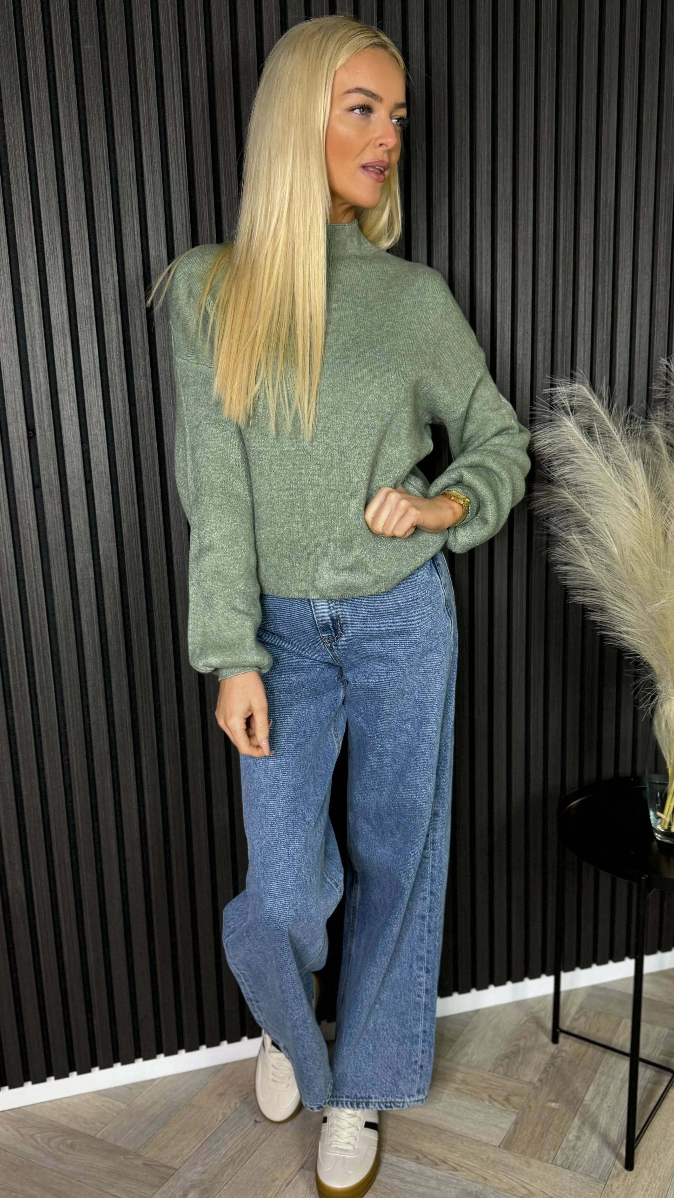 Charee Light Green Soft Knit High Neck Puff Sleeve Jumper