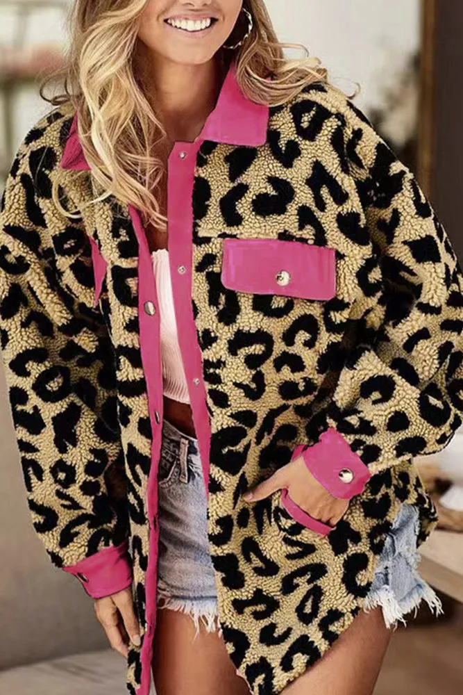Contrast Trimmed Leopard Furry Shacket Coat with Winter Outfits Pockets