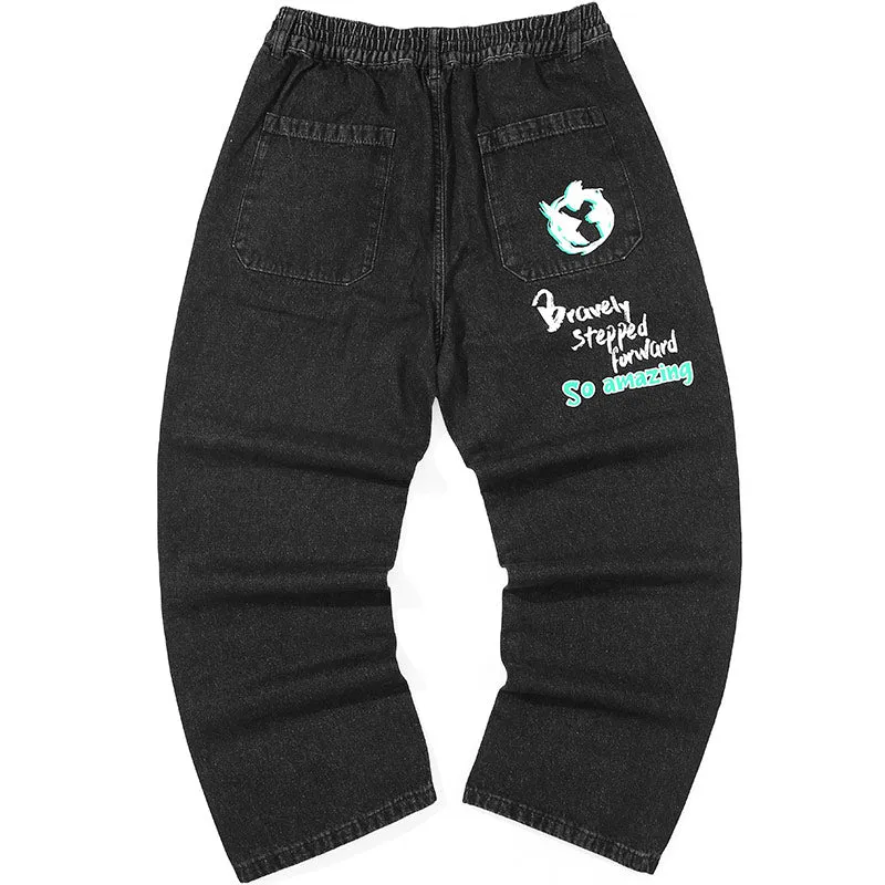 Elastic Waist Contrast Color Patchwork Denim Pants