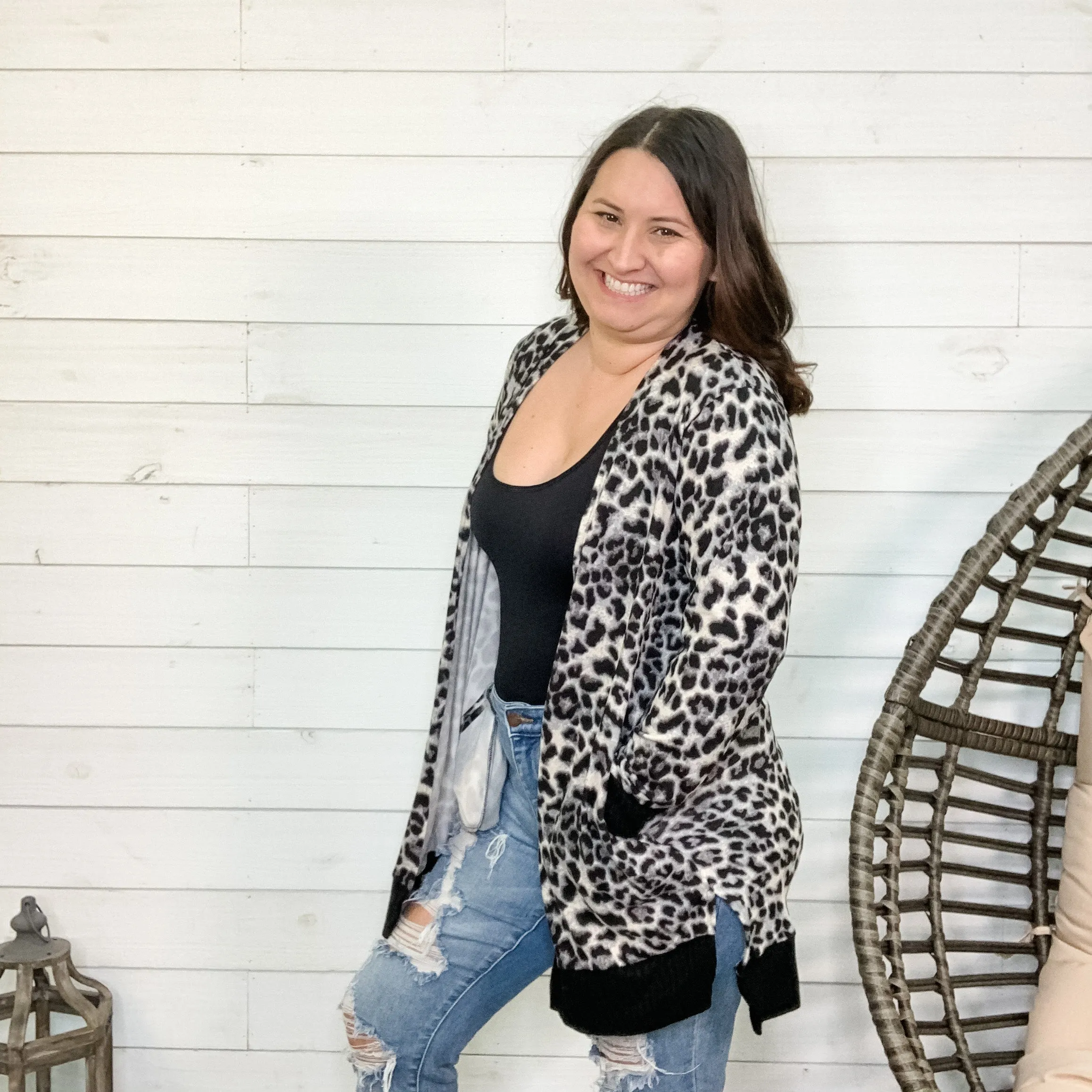 "Leopard Is The New Black" Animal Print Cardigan (Grey)
