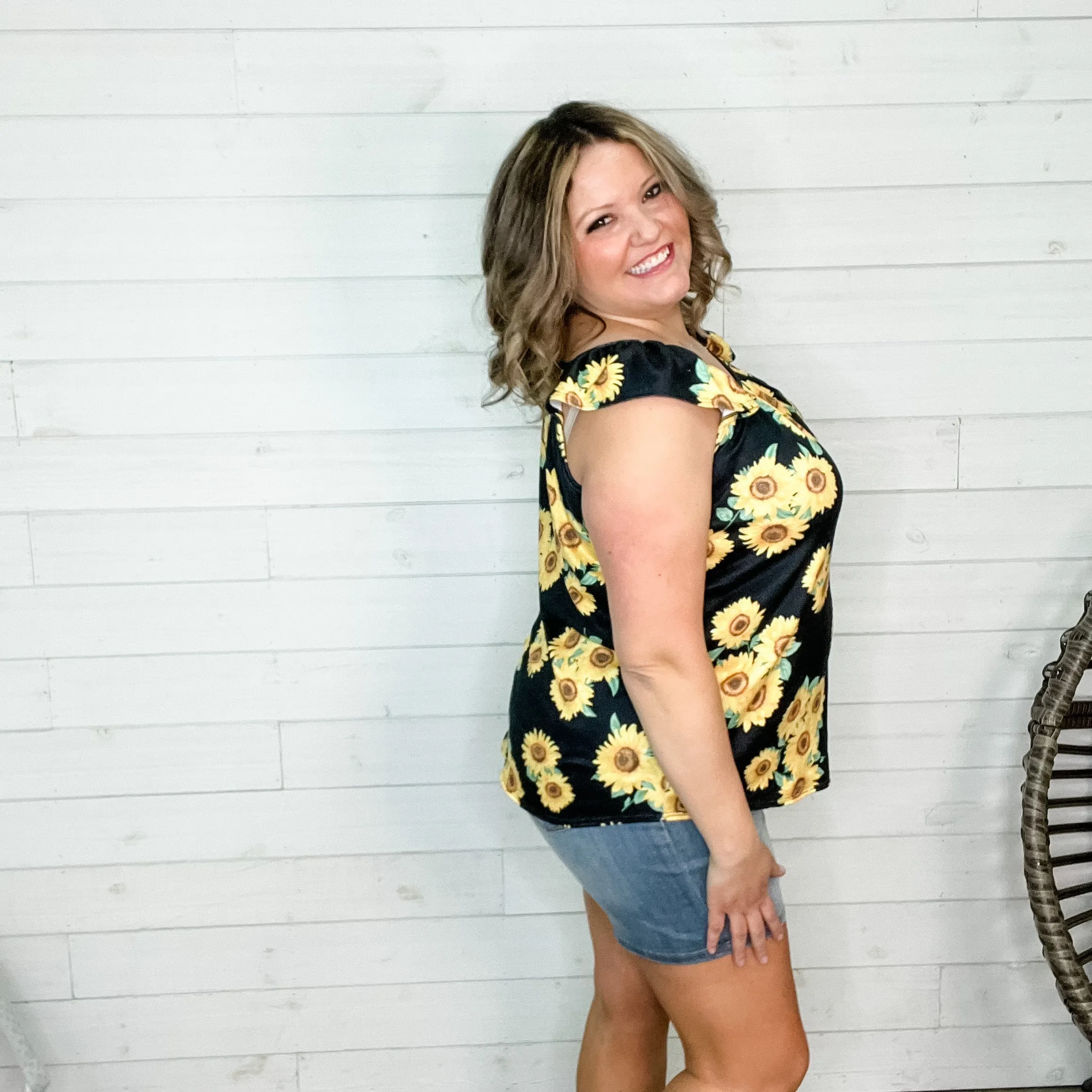 "Rikki" Sunflower Ruffle Cap Tank Top