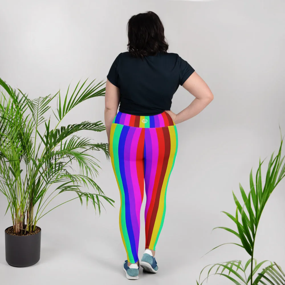 Rainbow Striped Plus Size Tights, Best Vertical Stripe Women's High Waist Ankle Length Plus Size Leggings