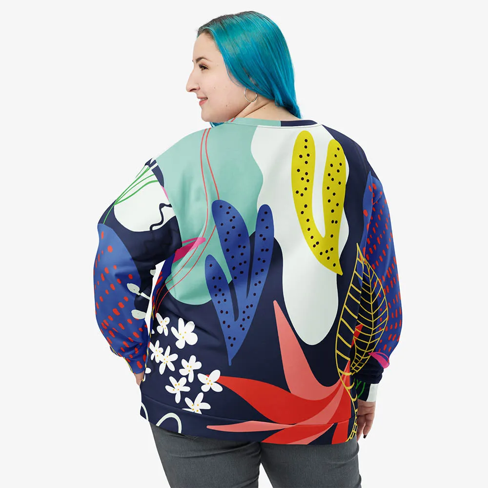 Recycled Fleece Sweatshirt "Fluid Flowers" Blue/Yellow
