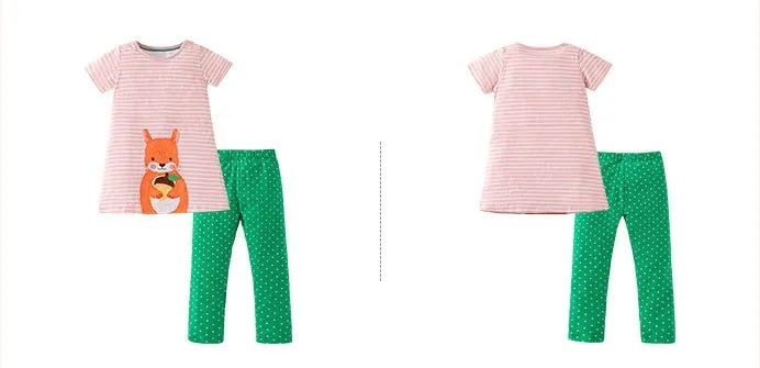 Toddler/Kid Girl's Short Sleeve Cartoon Squirrel Embroidery Design Tee With Leggings Set