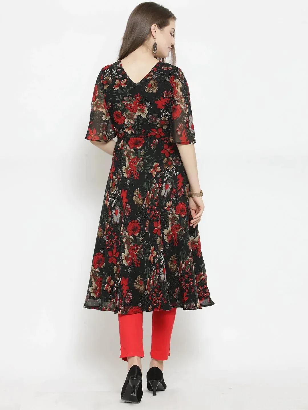Women Black & Red Floral Printed Gorgette Flared Kurta