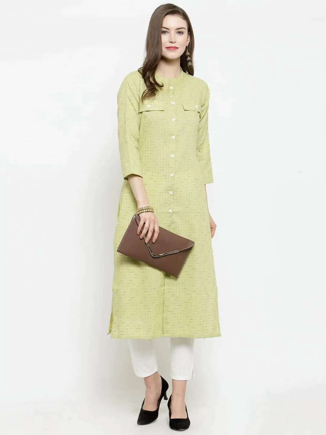 Women Green Woven Design Straight Kurta