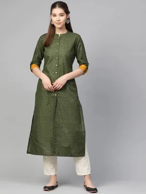 Women Olive Green Woven Design Straight Kurta