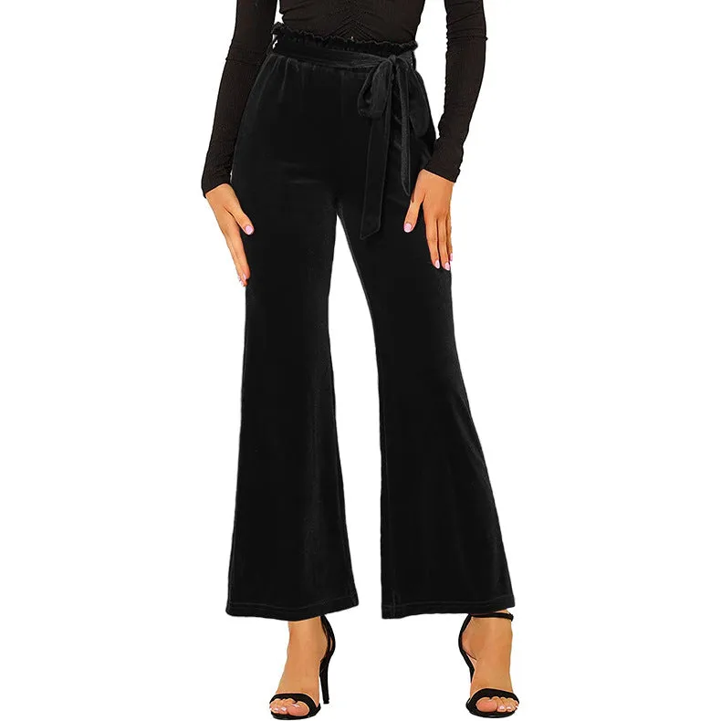 Women's Wide Leg Pants High Waist Velvet Belted Trousers